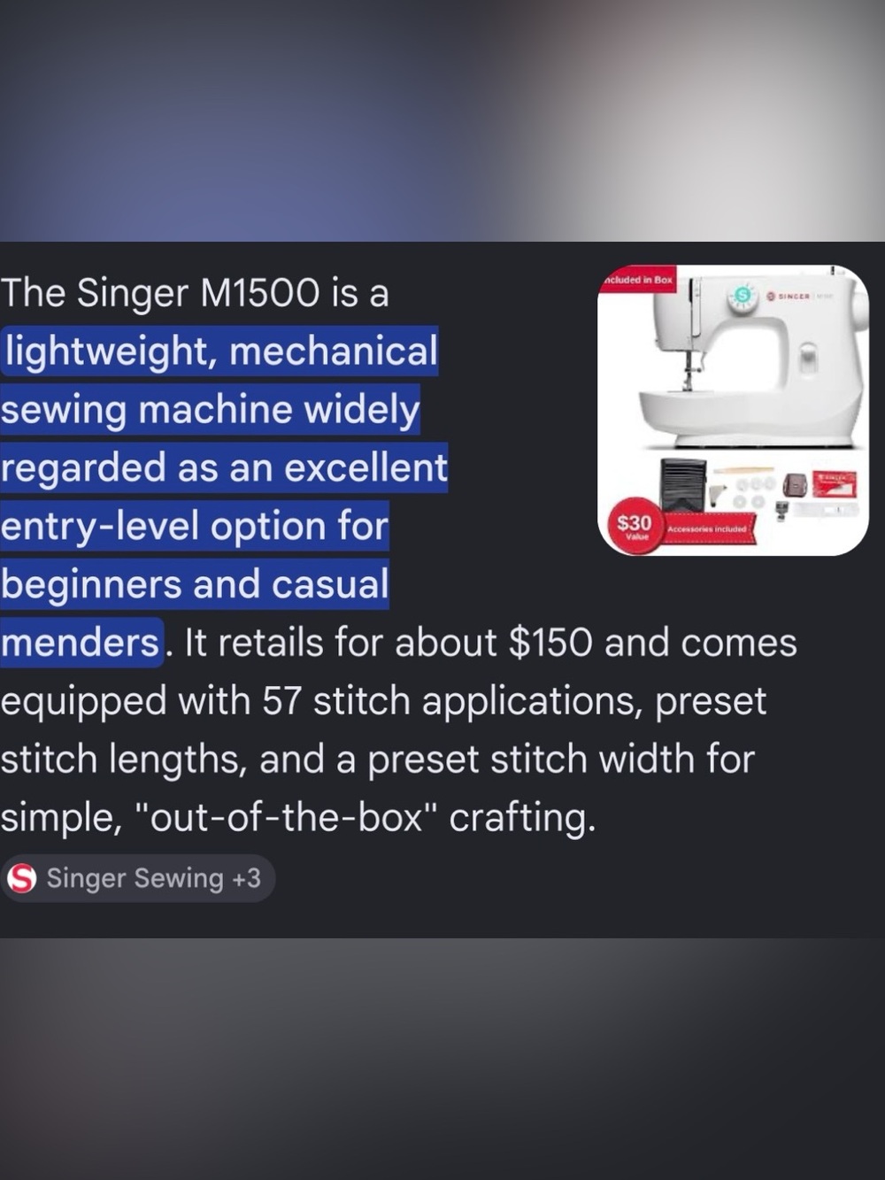 Singer M1500 White Portable Sewing Machine - Picture 8 of 9